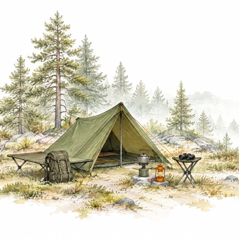 Surplus militaire, bivouac et chasse : tente olive au bivouac en forêt